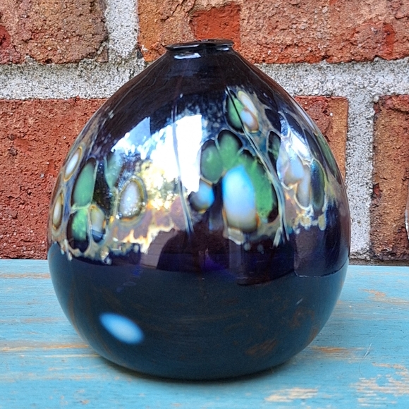 Hand Blown Glass Oil Lamp Orb or Bud Vase Artist Signed Mosaic Color Marble Ball - Picture 4 of 16